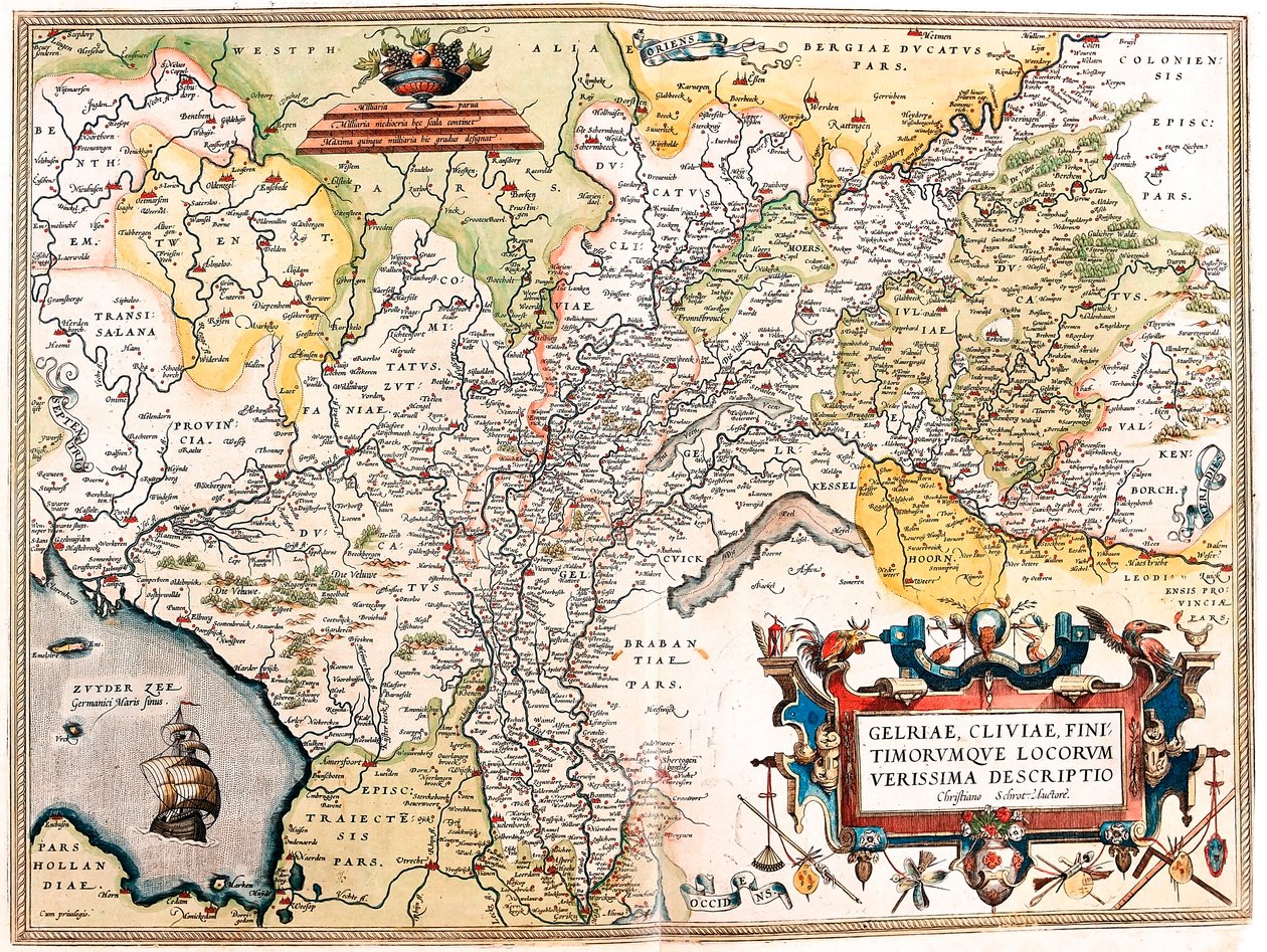 Gelriae, Cliviae, Finitimorum Qe Locos Verissima Beskrivning Christiana Schrot Av författaren Geografikarta över det tyska Nederländernas territorium från "Theatrum Orbis Terrarum" av Abraham Ortelius (Oertel, Ortell eller Ortel av Abraham Ortelius