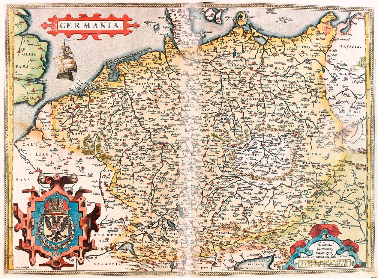 Tyskland Geografikarta över Tysklands territorium (heliga germanska riket) från "Theatrum Orbis Terrarum" av Abraham Ortelius (Oertel, Ortell eller Ortel av Abraham Ortelius