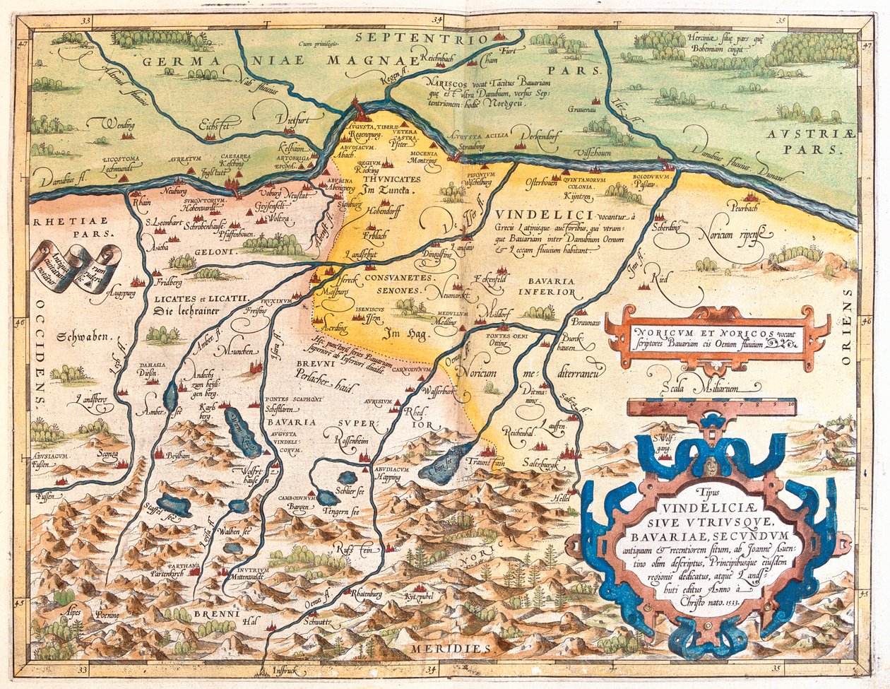 Tyskland (delstat: Bayern), Österrike (delstat: Tyrolen, Oberösterreich, Salzburg) av Abraham Ortelius