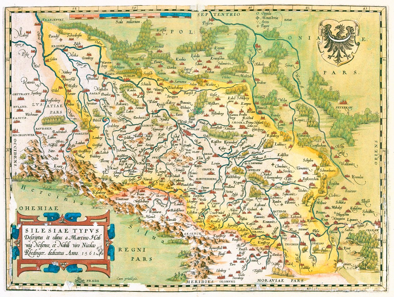 Tyskland (delstat: Brandenburg, Sachsen), Polen (vojvodskap: Lubusz, Stora Polen, Nedre Schlesien, ód, Opolskie, Schlesien, Lilla Polen), Tjeckien (region: Moravien-Schlesien, Olomouc, Pardubice, Hradec Králové, Liberec, Centralböhmen, Ústí nad Lab av Abraham Ortelius