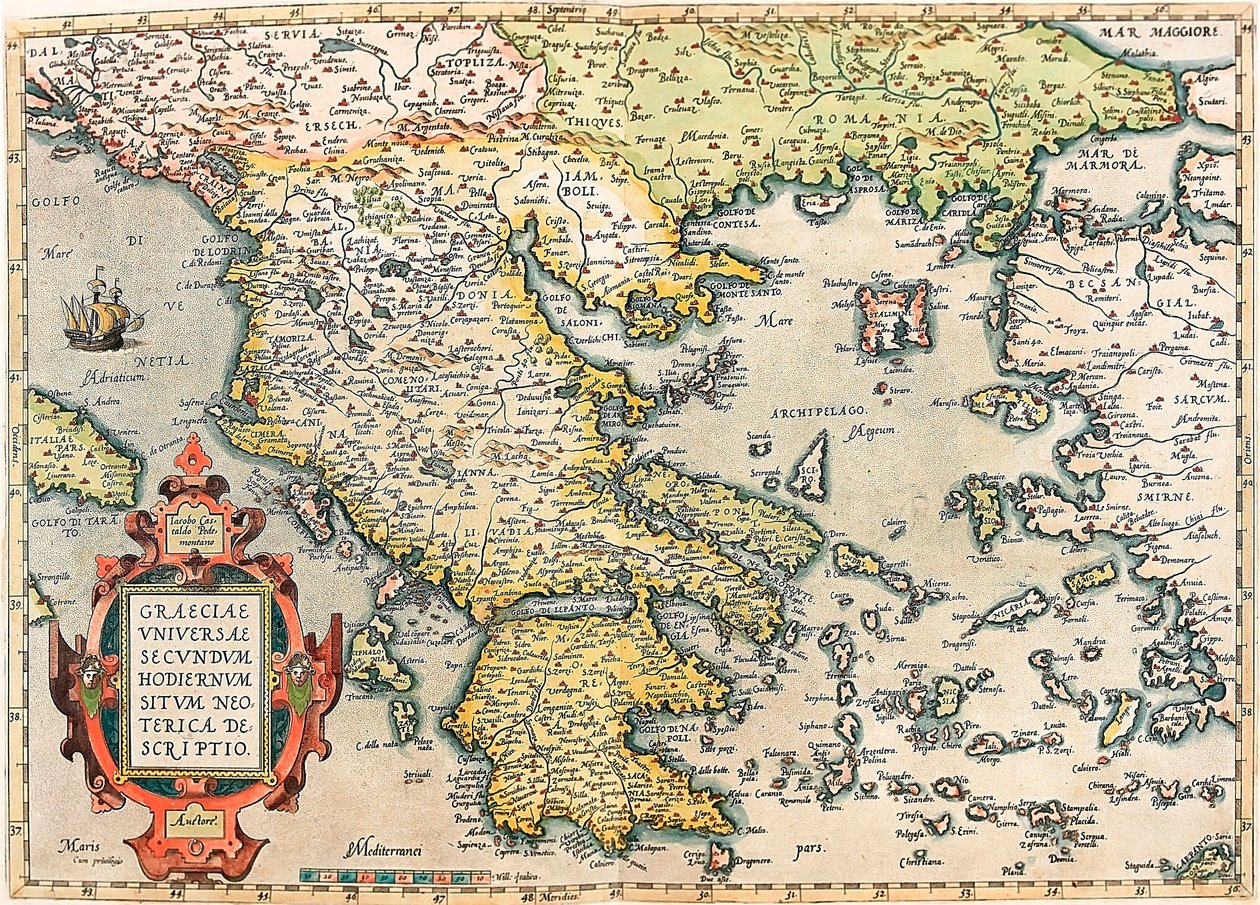 Geografikarta över Greklands territorium med Peloponnesos och öarna tagen från "Theatrum Orbis Terrarum" av Abraham Ortelius (Oertel, Ortell eller Ortel av Abraham Ortelius