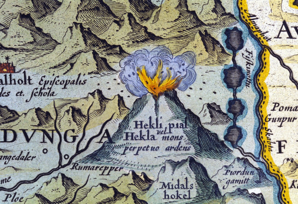 Hekla vulkanen på Island. Atlas över Abraham Ortelius, Amsterdam 1588 av Abraham Ortelius