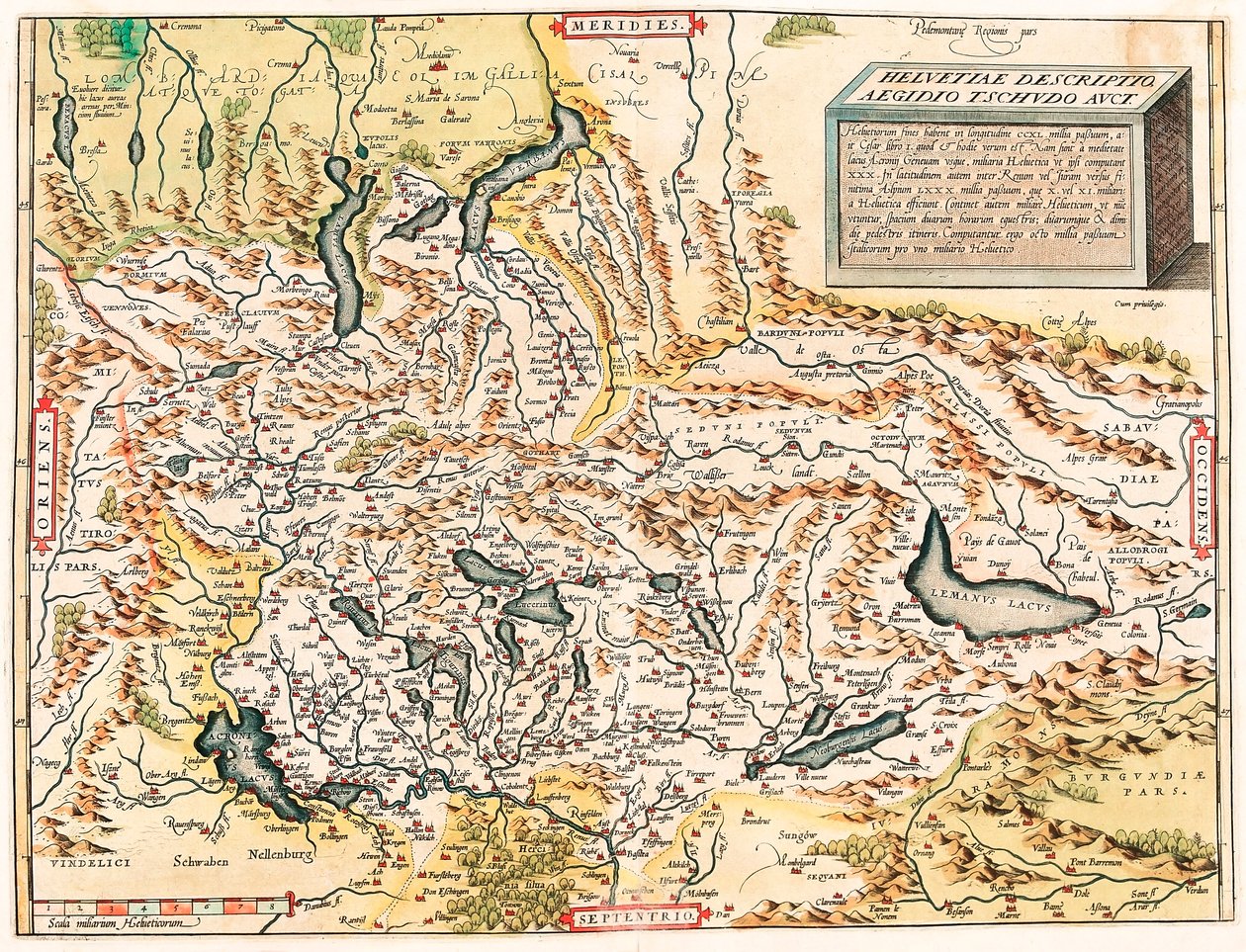 Helvetiae Beskrivning Aegidius Tschudo Auct. Geografikarta över de schweiziska och franska alperna inklusive sjöar från "Theatrum Orbis Terrarum" av Abraham Ortelius (Oertel, Ortell eller Ortel av Abraham Ortelius