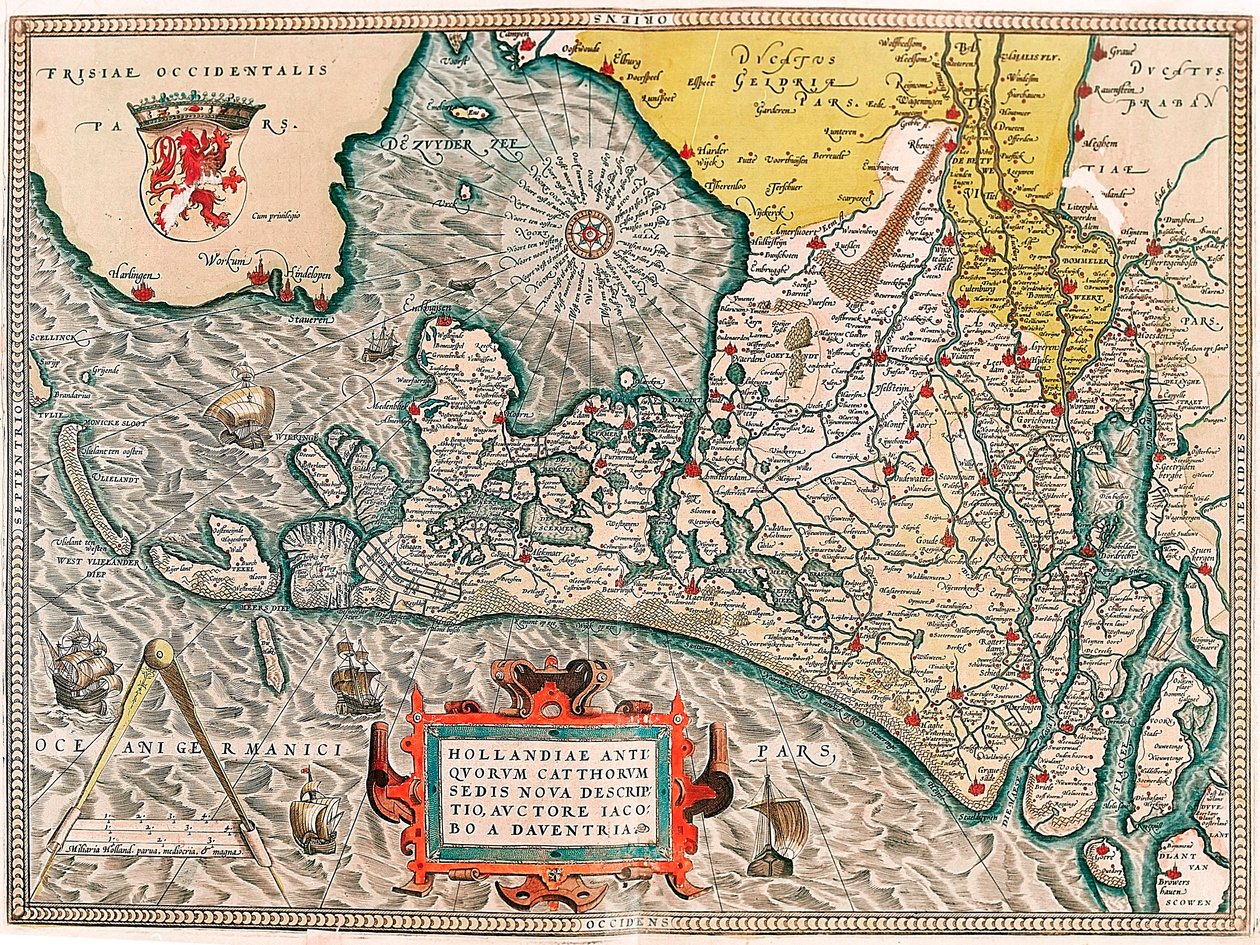 Hollandia antiquorum catthorum sedis nova descriptio, auctore Jacobo a daventria Geografikarta över Nederländernas territorium med städerna Amsterdam och Haarlem... hämtad från "Theatrum Orbis Terrarum" av Abraham Ortelius (Oertel, Ortell eller Orte av Abraham Ortelius