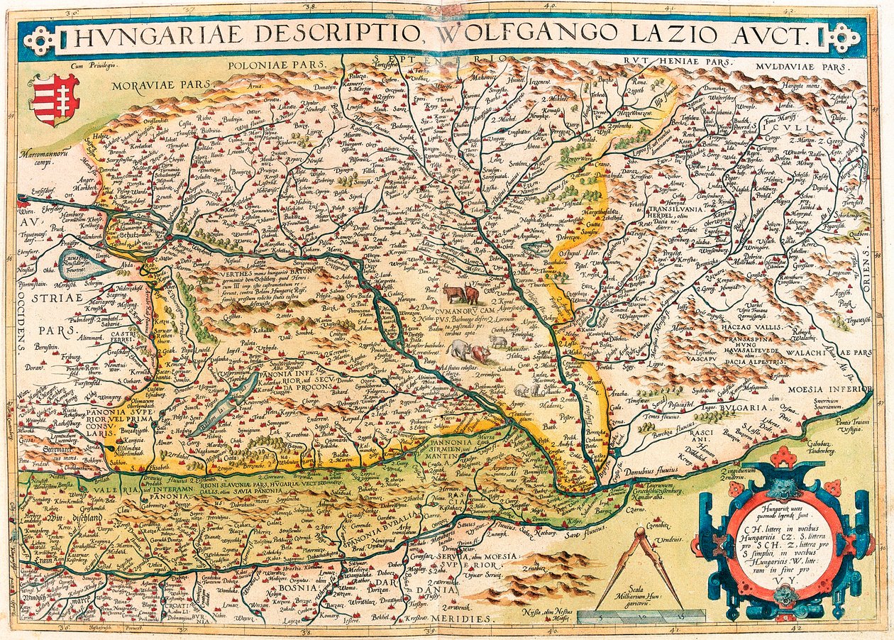 Ungersk beskrivning, Wolfgango Lazio Aut. Geografikarta över Ungerns territorium från "Theatrum Orbis Terrarum" av Abraham Ortelius (Oertel, Ortell eller Ortel av Abraham Ortelius