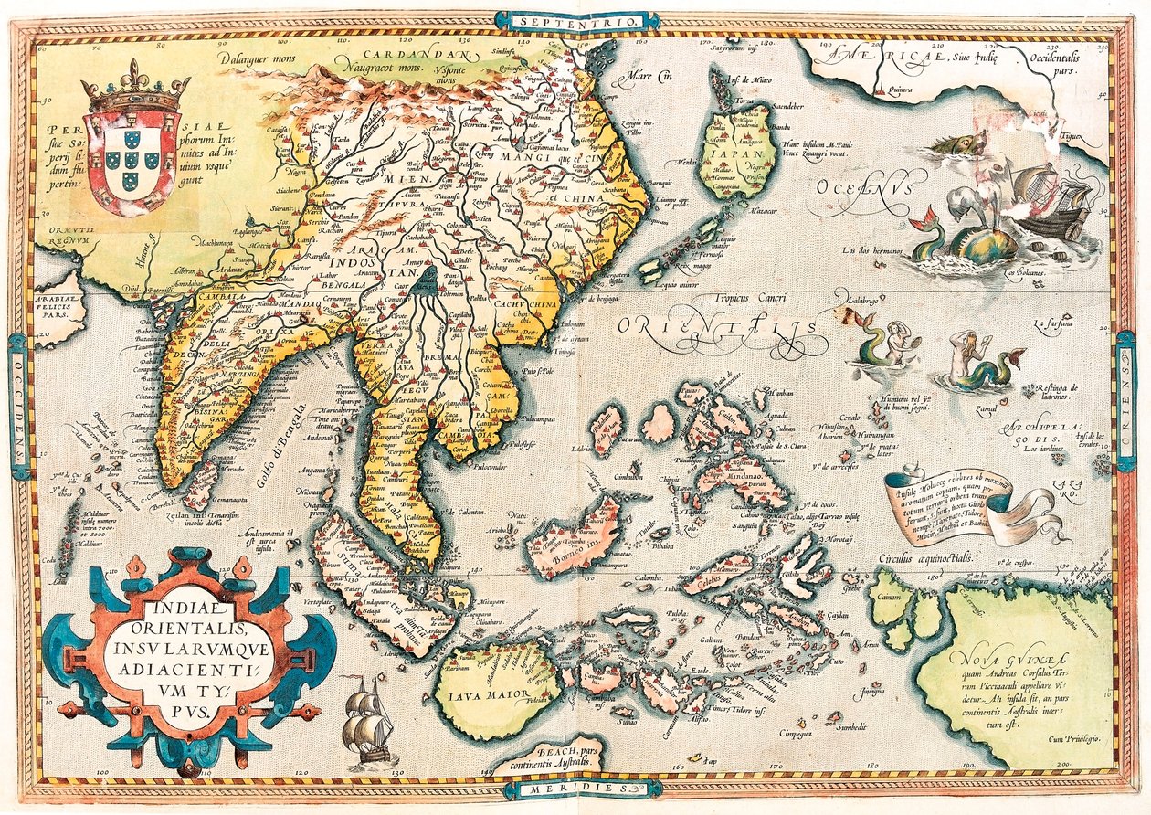 Ostindiska kompaniet. Geografikarta över Ostindien och sydostasiatiskt territorium från "Theatrum Orbis Terrarum" av Abraham Ortelius (Oertel, Ortell eller Ortel av Abraham Ortelius