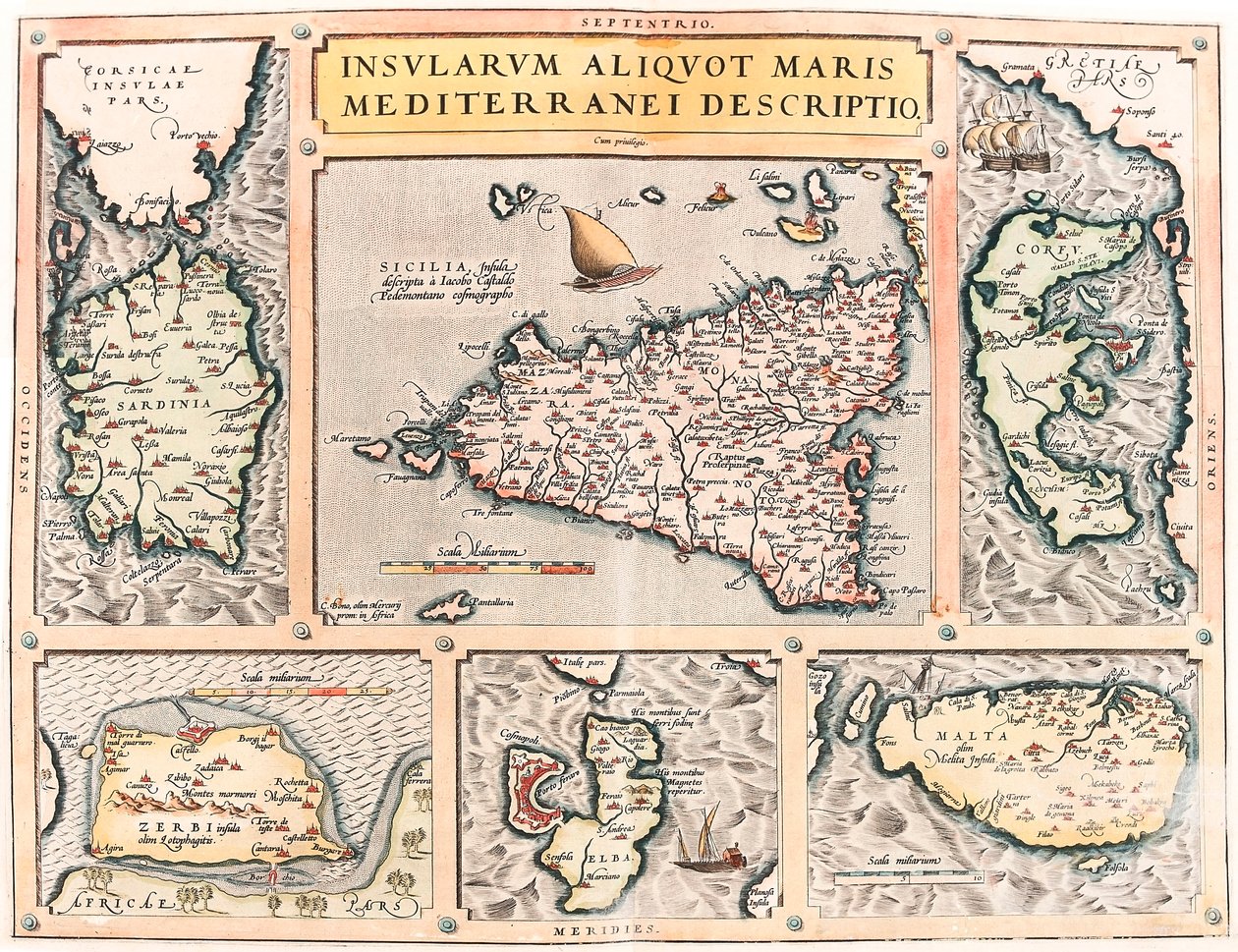 En beskrivning av de flera öarna i Medelhavet. Geografikarta över Medelhavsöarna Sicilien, Sardinien, Korfu, Malta, Djerba och Elba (Sicilien, Sardegna, Colfu, Malta Djerba, Elba) från "Theatrum Orbis Terrarum" av Abraham Ortelius (Oertel, Ortell) av Abraham Ortelius
