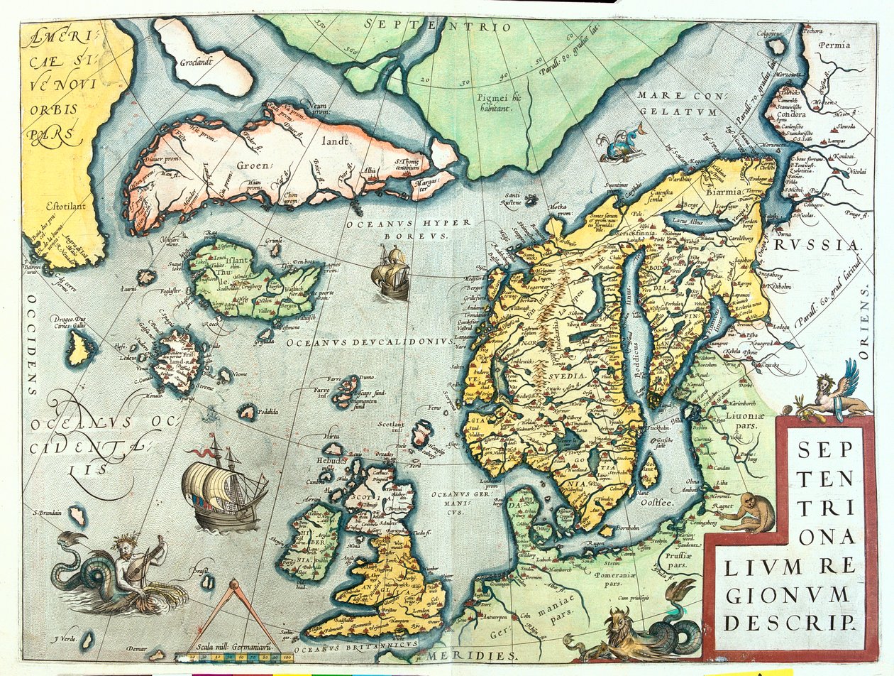 Irland, Storbritannien, Island, Norge, Sverige, Finland, Grönland av Abraham Ortelius