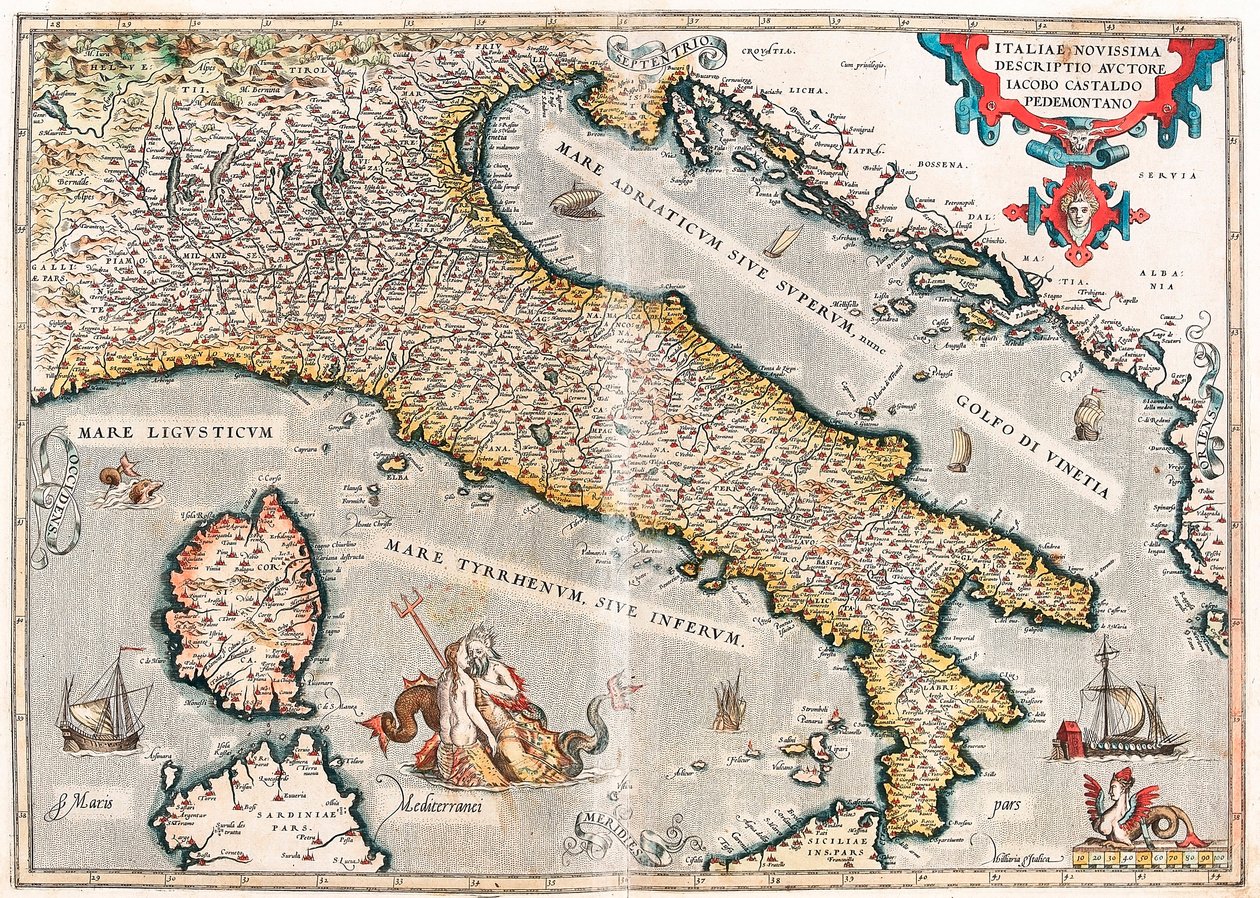 Sista beskrivningen av Italien av författaren Jacob Castaldo Piedmontano Geografikarta över Italiens territorium hämtad från "Theatrum Orbis Terrarum" av Abraham Ortelius (Oertel, Ortell eller Ortel av Abraham Ortelius