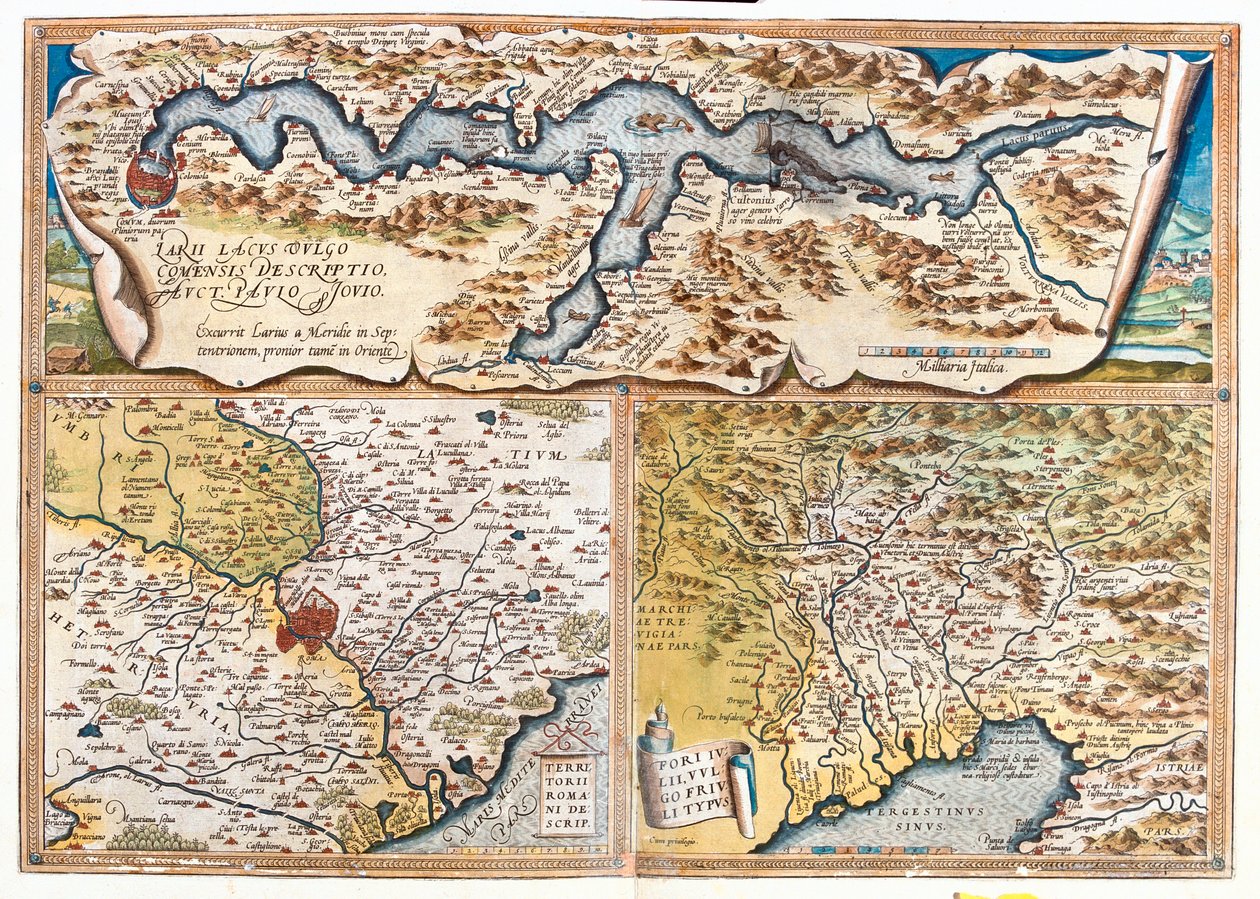Comosjön (Italien; region: Lombardiet), Rom (Italien; region: Latium), Triestebukten (Italien: region Friuli-Venezia Giulia; Slovenien: traditionell region Sloveniens kust; Kroatien: Istriens län) av Abraham Ortelius
