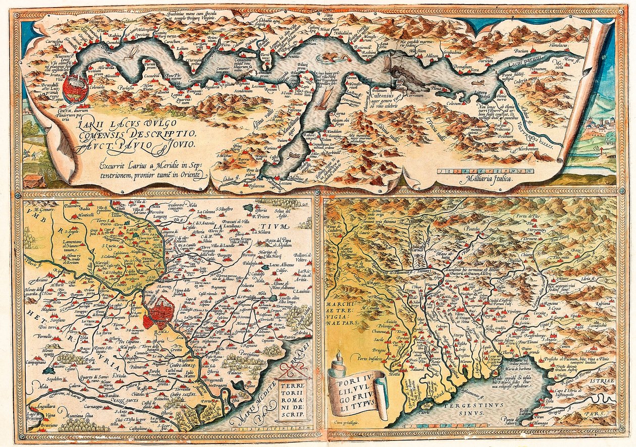 Lariisjön kallades vanligtvis Tertius Forum Romanum. Geografikarta över norra Italien från "Theatrum Orbis Terrarum" av Abraham Ortelius (Oertel, Ortell eller Ortel av Abraham Ortelius