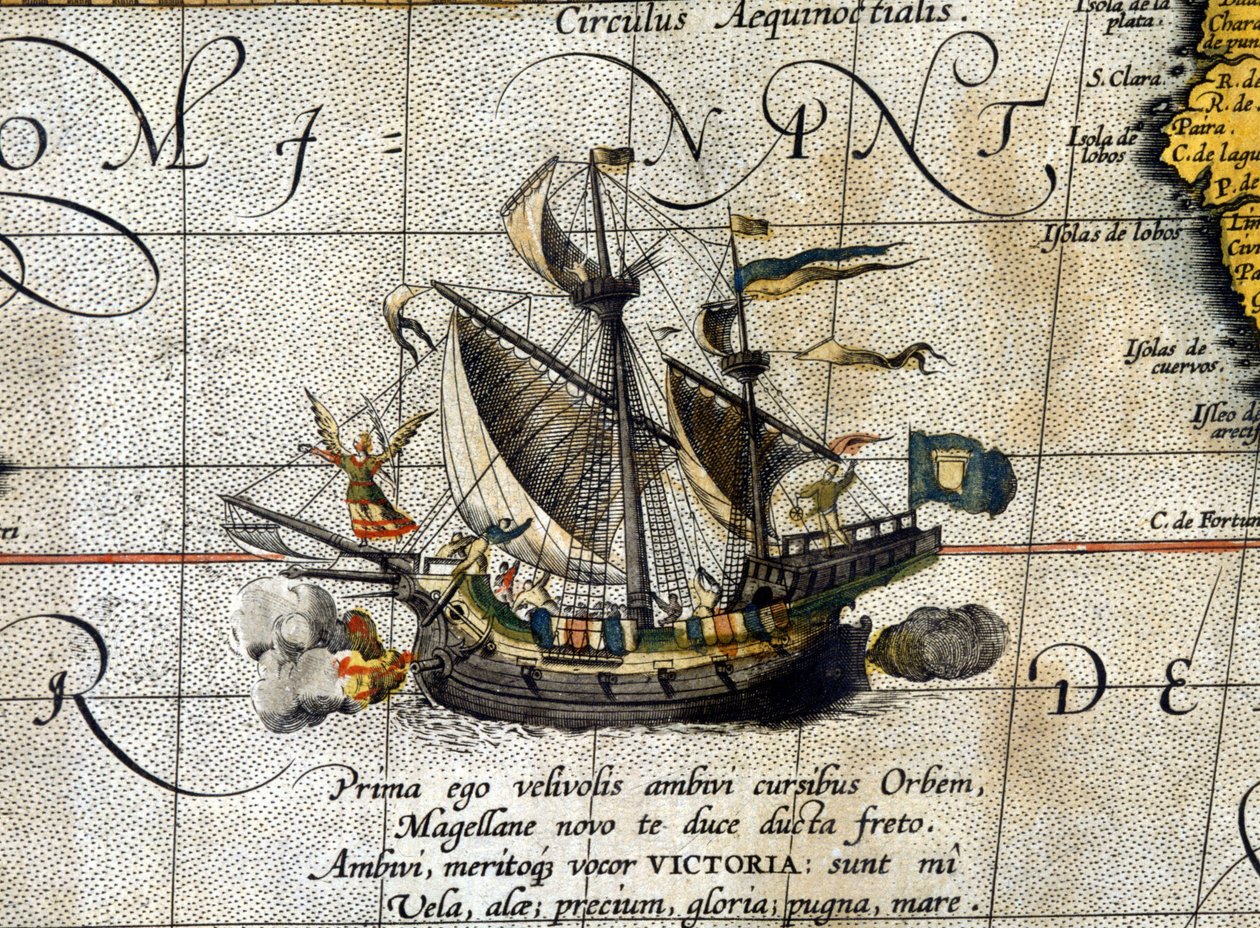 Magellans båt "" Victoria"" som reste genom Stilla havet representerad i den holländska atlasen över Abrahm Ortelius (1580). av Abraham Ortelius