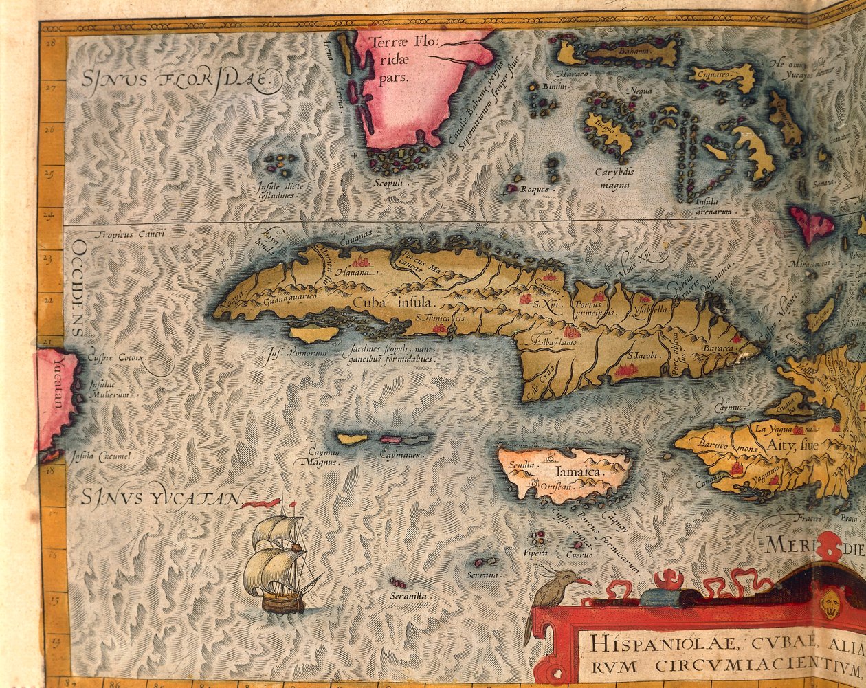 Karta över Kuba och Jamaica, från Theatrum Orbis Terrarum av Abraham Ortelius, tryckt i Antwerpen av Abraham Ortelius