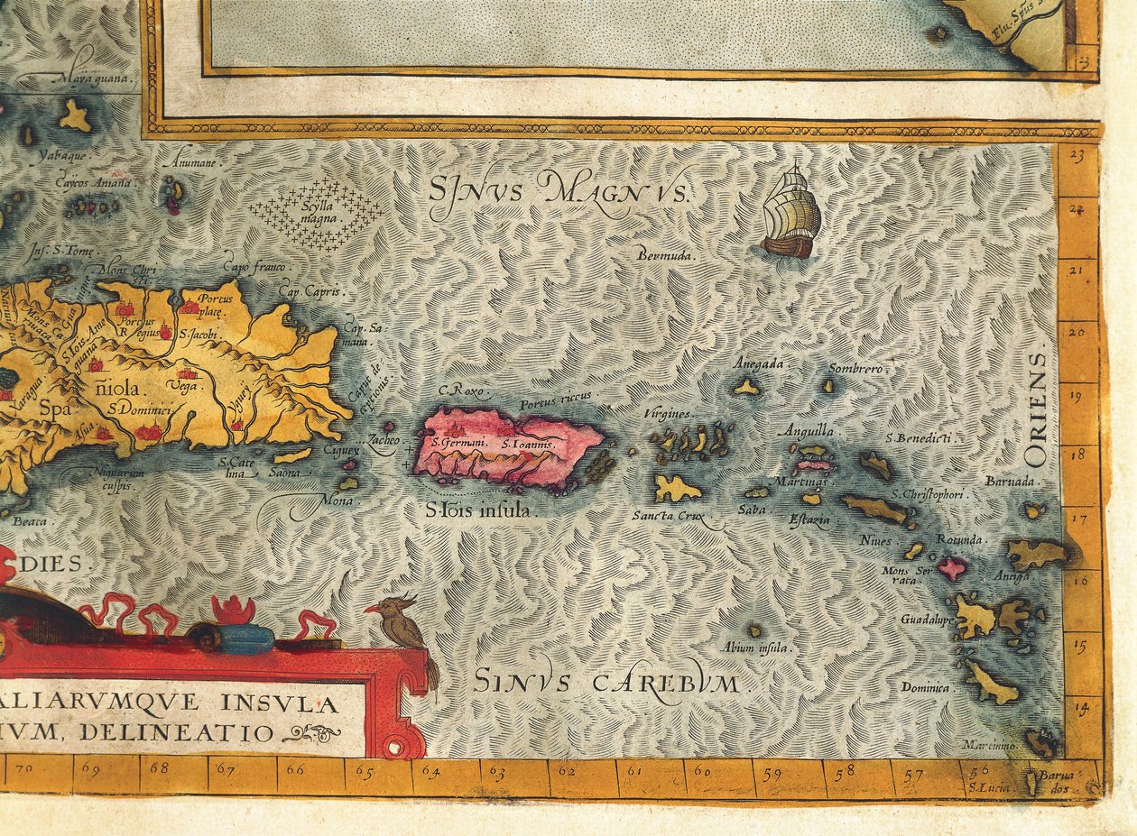 Ramani ya Kisiwa cha Hispaniola, Santo Domingo, Puerto Rico na sehemu ya Antilles kutoka kwa Abraham Ortelius Seed av Abraham Ortelius