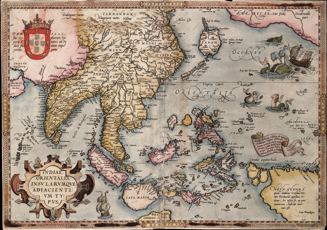 Karta över Ostindien av Ortelius, ca 1570 (kolorerad gravyr) av Abraham Ortelius