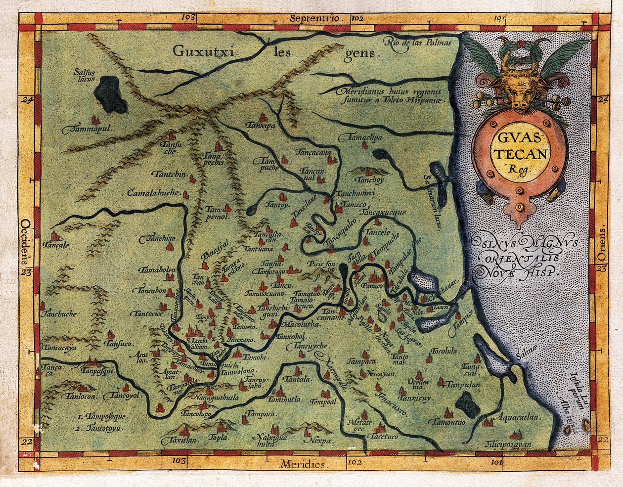 Karta över Mexikanska golfen (Guastecan), från Hernando de Sotos expedition 1570 (gravyr) av Abraham Ortelius