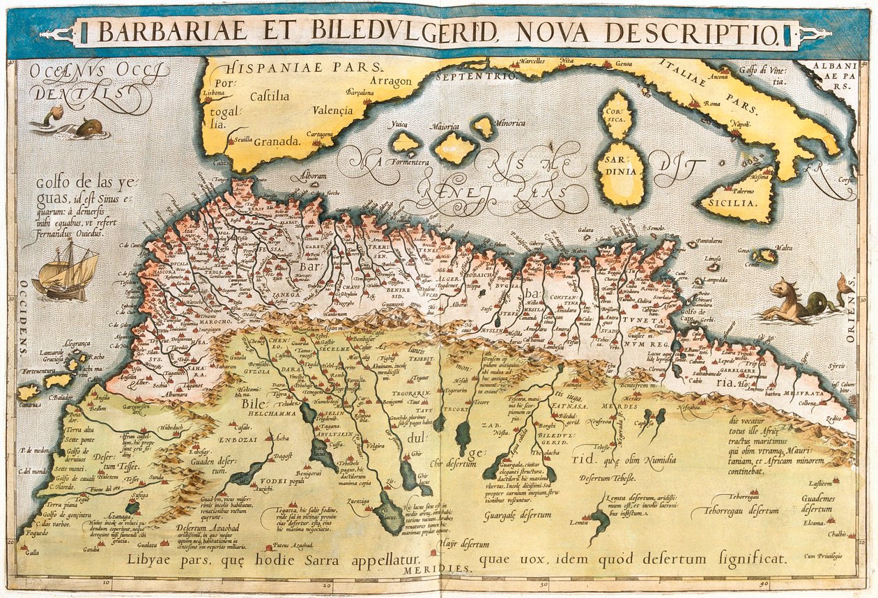 Marocko, Algeriet, Tunisien, västra Libyen, Västsahara, Mauretanien, Senegal, Mali, Niger av Abraham Ortelius