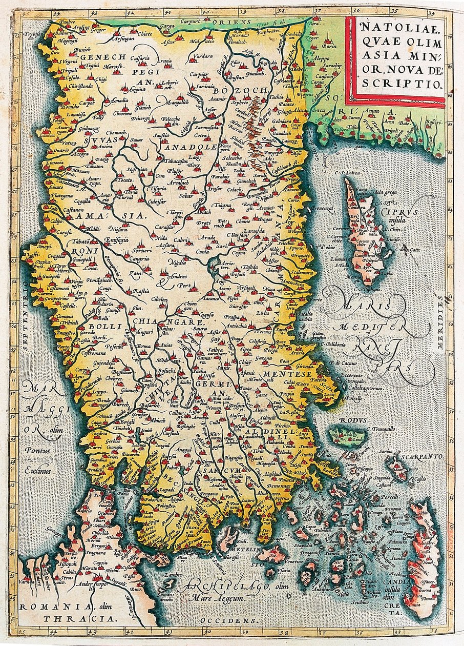 Natolia, Quae Olim Mindre Asien Nova Beskrivning Geografikarta över Mindre Asiens territorium (Istanbul och Turkiet med öarna Rhodos och Cypern) från "Theatrum Orbis Terrarum" av Abraham Ortelius (Oertel, Ortell eller Ortel av Abraham Ortelius