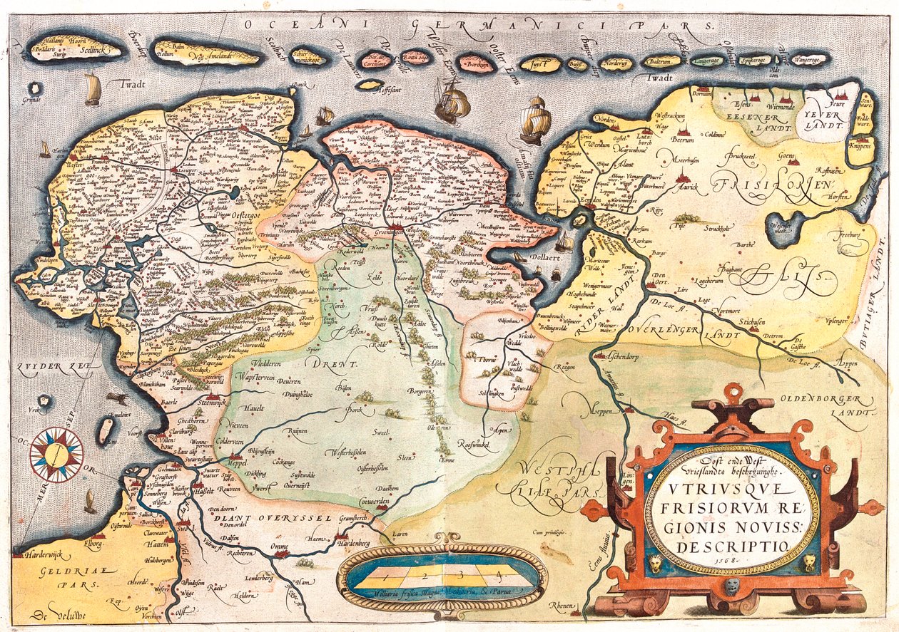 Nederländerna (provins: Overijssel, Flevoland, Drenthe, Friesland, Groningen), Tyskland (delstat: Niedersachsen, Nordrhein-Westfalen) av Abraham Ortelius
