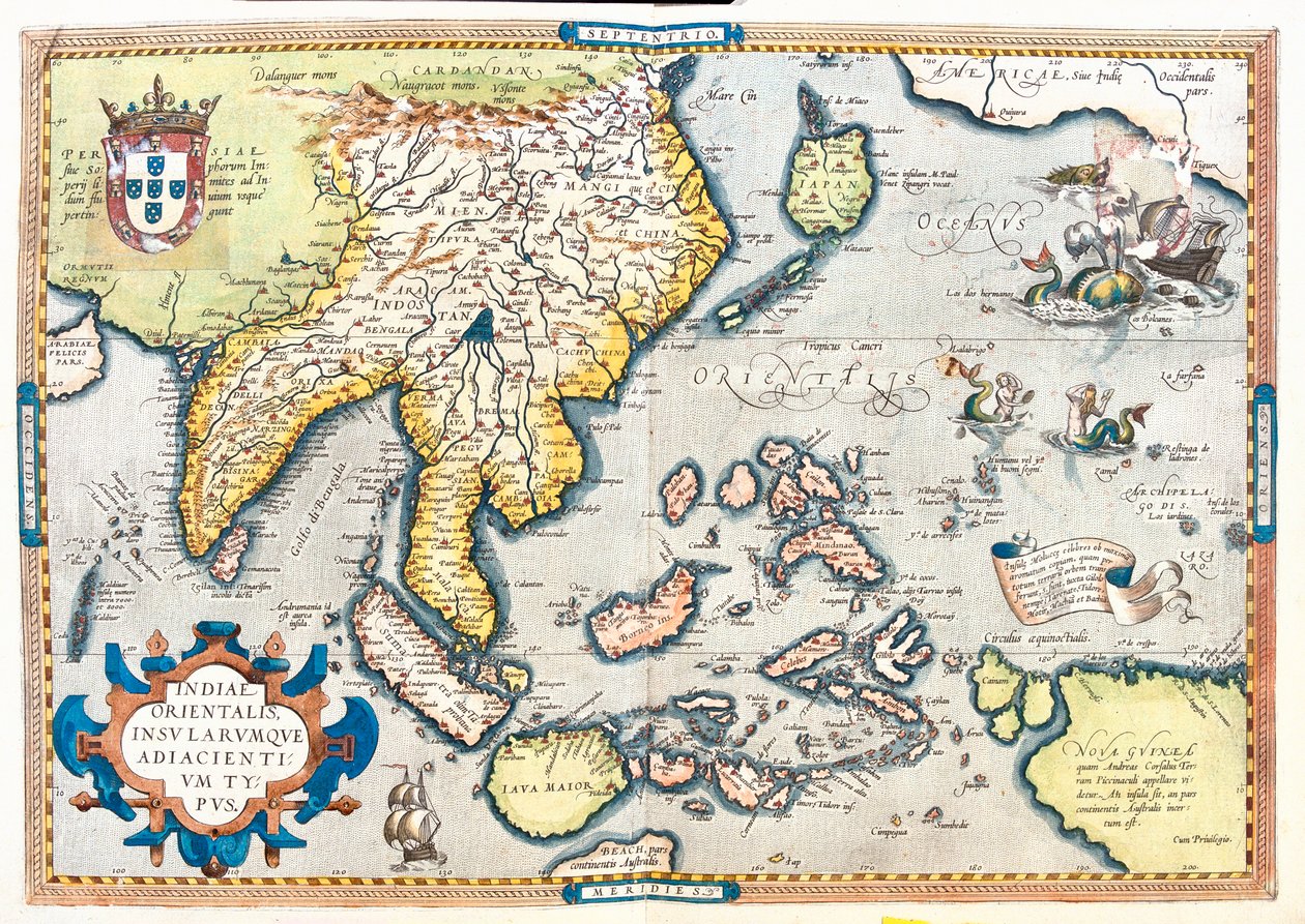 Pakistan, Indien, Sri Lanka, Nepal, Bhutan, Bangladesh, södra Kina, Burma, Thailand, Laos, Vietnam, Kambodja, Malaysia, Brunei, Indonesien, Filippinerna, Taiwan, södra Japan av Abraham Ortelius