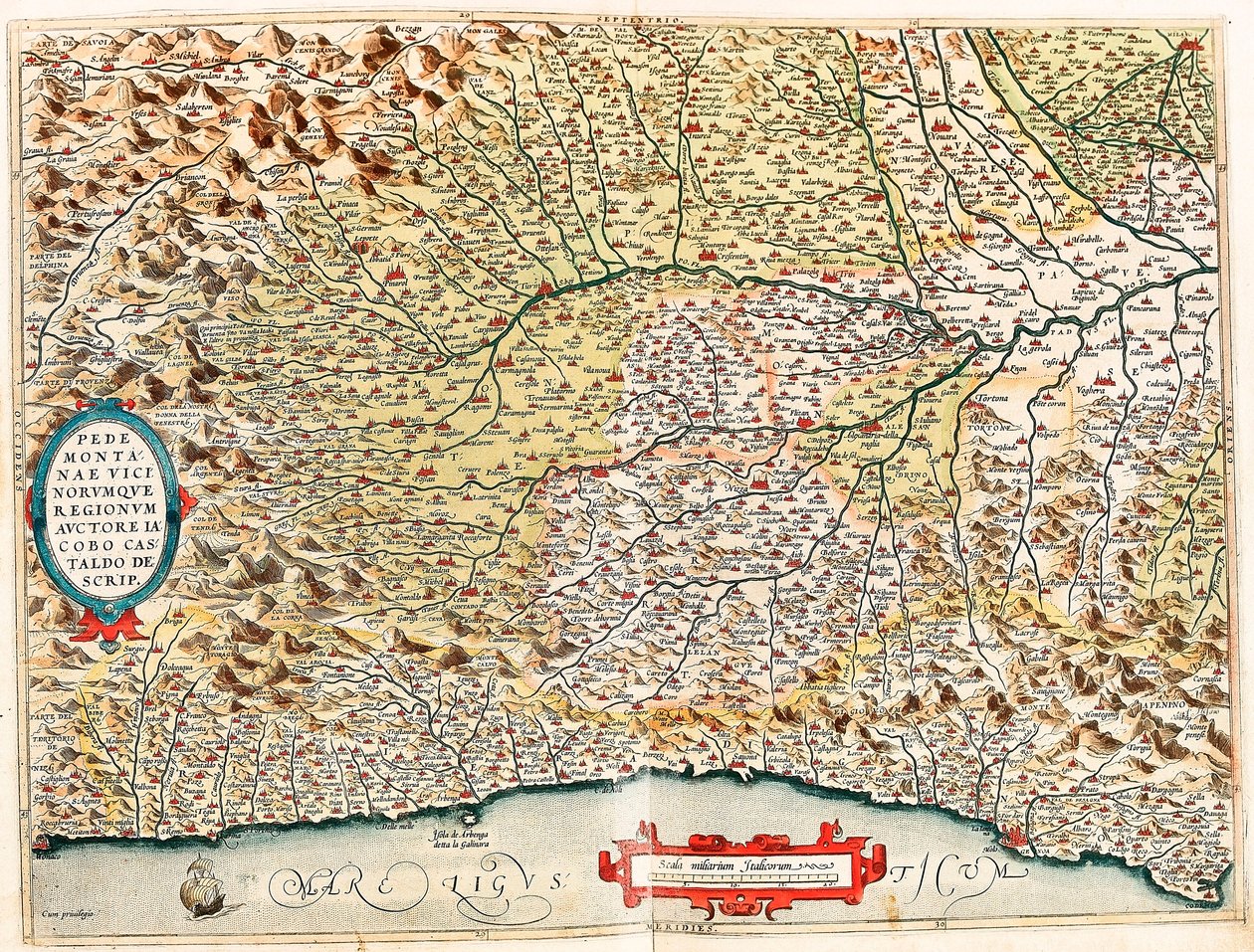 Regionerna Piemonte och Vicino Geografikarta över Italiens territorium från Monaco i Frankrike till Genes och passerar genom provinserna Imperia de Savona och Genua från "Theatrum Orbis Terrarum" av Abraham Ortelius ( av Abraham Ortelius