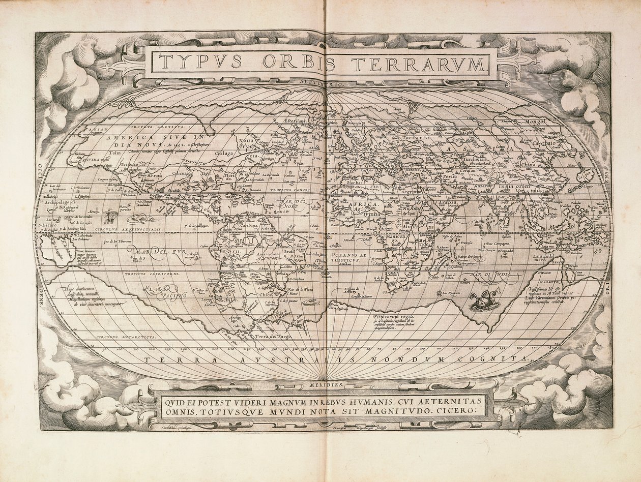 Planisphere från Theatrum Orbis Terrarum av Abraham Ortelius, tryckt i Antwerpen av Abraham Ortelius