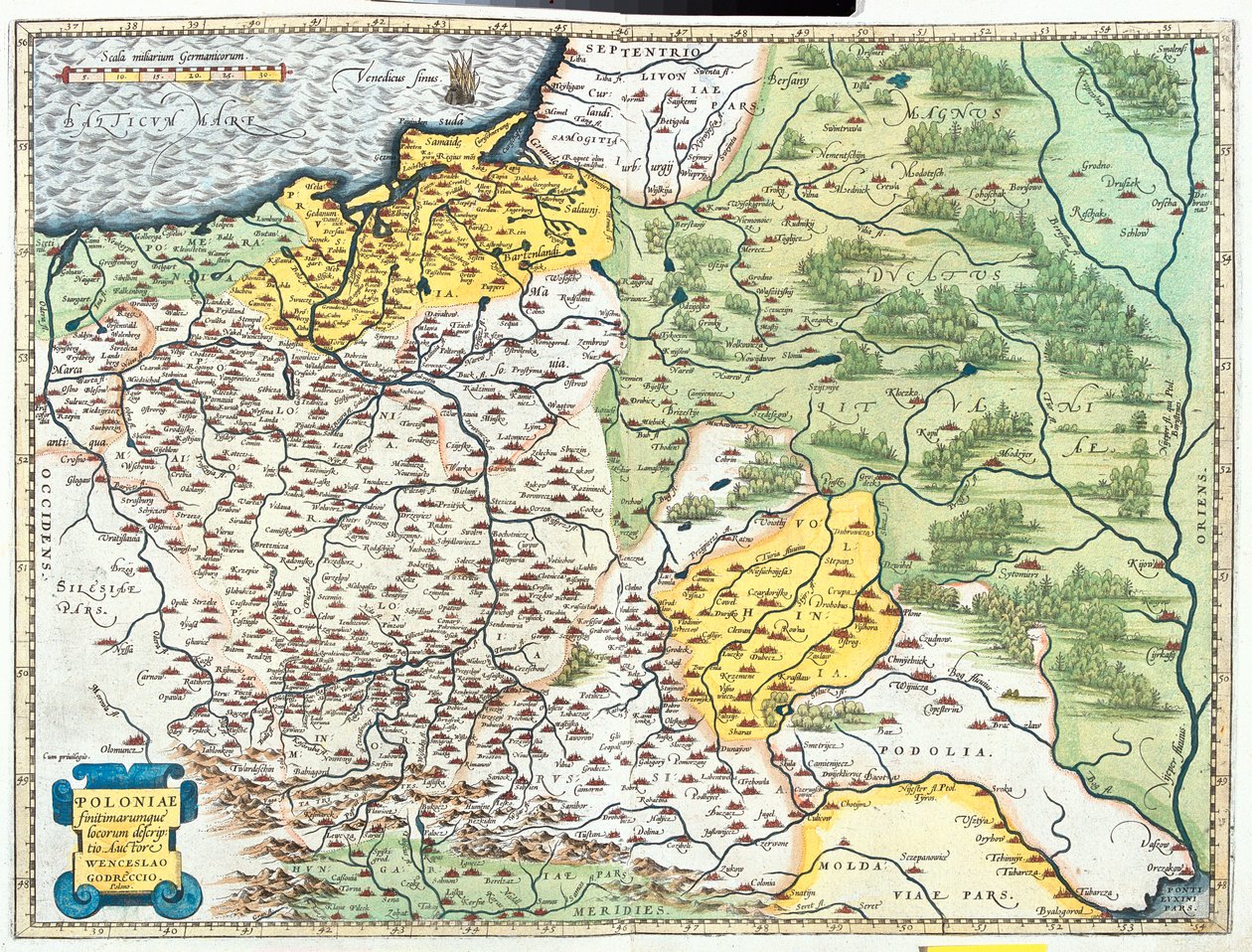 Polen, Litauen (län: Klaipèda, Tauragè, Kaunas, Vilnius, Utena, Marijampolè, Alytus), Vitryssland (stor del, utom norra Vitebsk-regionen), sydvästra Ryssland, västra Ukraina, norra Moldavien, Slovakien (region: ilina, Preov) av Abraham Ortelius