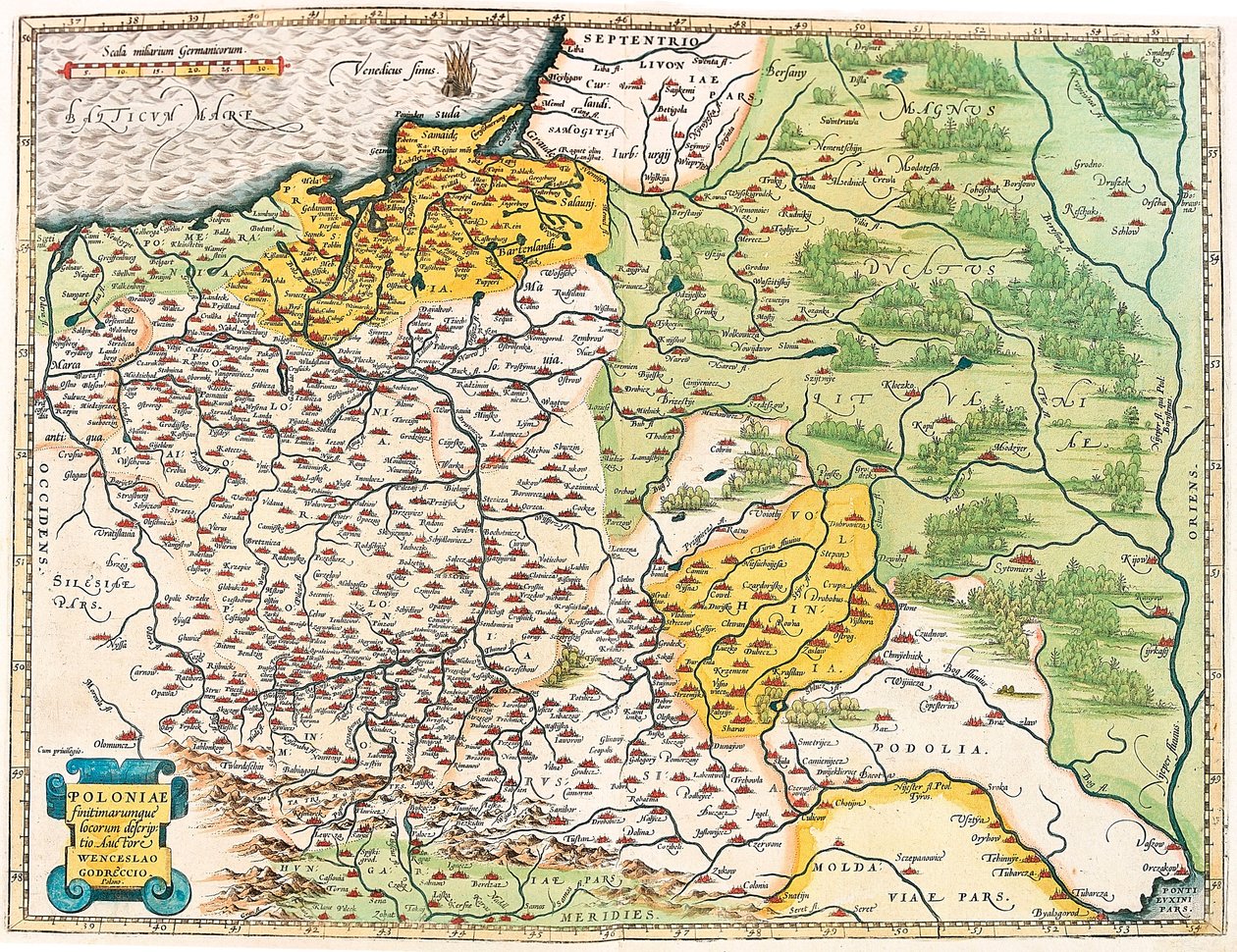 En beskrivning av Polen och dess närliggande platser. Geografikarta över Polen från "Theatrum Orbis Terrarum" av Abraham Ortelius (Oertel, Ortell eller Ortel av Abraham Ortelius