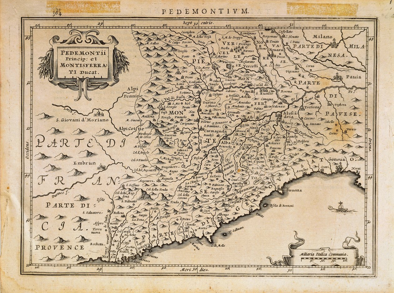 Furstendömet Piemonte, hertigdömet Monferrato, västra Ligurien och en del av regionen östra Ligurien, från Theatrum Orbis Terrarum av Abraham Ortelius av Abraham Ortelius