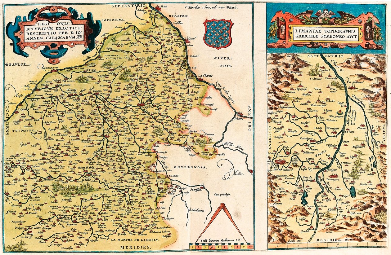 Geografikarta över Bourges territorium och regionen i centrum i Gallien (Frankrike) från "Theatrum Orbis Terrarum" av Abraham Ortelius (Oertel, Ortell eller Ortel av Abraham Ortelius