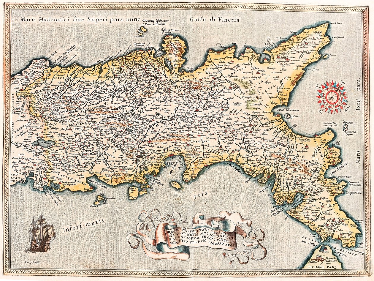 Den mest exakta beskrivningen av napolitanernas regeringstid, enligt traditionen från de gamla och moderna, av Pyrrhus Ligorius auct. Geografikarta över territoriet för kungariket Neapel i Italien från "Theatrum Orbis Terrarum" av Abraham Ortelius (Oertel, av Abraham Ortelius