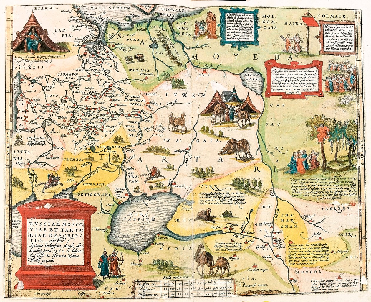 Ryssland, Moskva och Tartar. av Antonio Jenkensono Anglo, publicerad i London 1562 Geografikarta över Rysslands territorium från "Theatrum Orbis Terrarum" av Abraham Ortelius (Oertel, Ortell eller Ortel av Abraham Ortelius