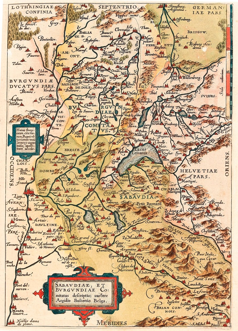 Sabaudia et Burgundiae Comitus beskrivning Karta över territoriet Bourgogne och Savojen (Pontarlier, Dijon, Lemansjön, Schweiz) från "Theatrum Orbis Terrarum" av Abraham Ortelius (Oertel, Ortell eller Ortel). av Abraham Ortelius