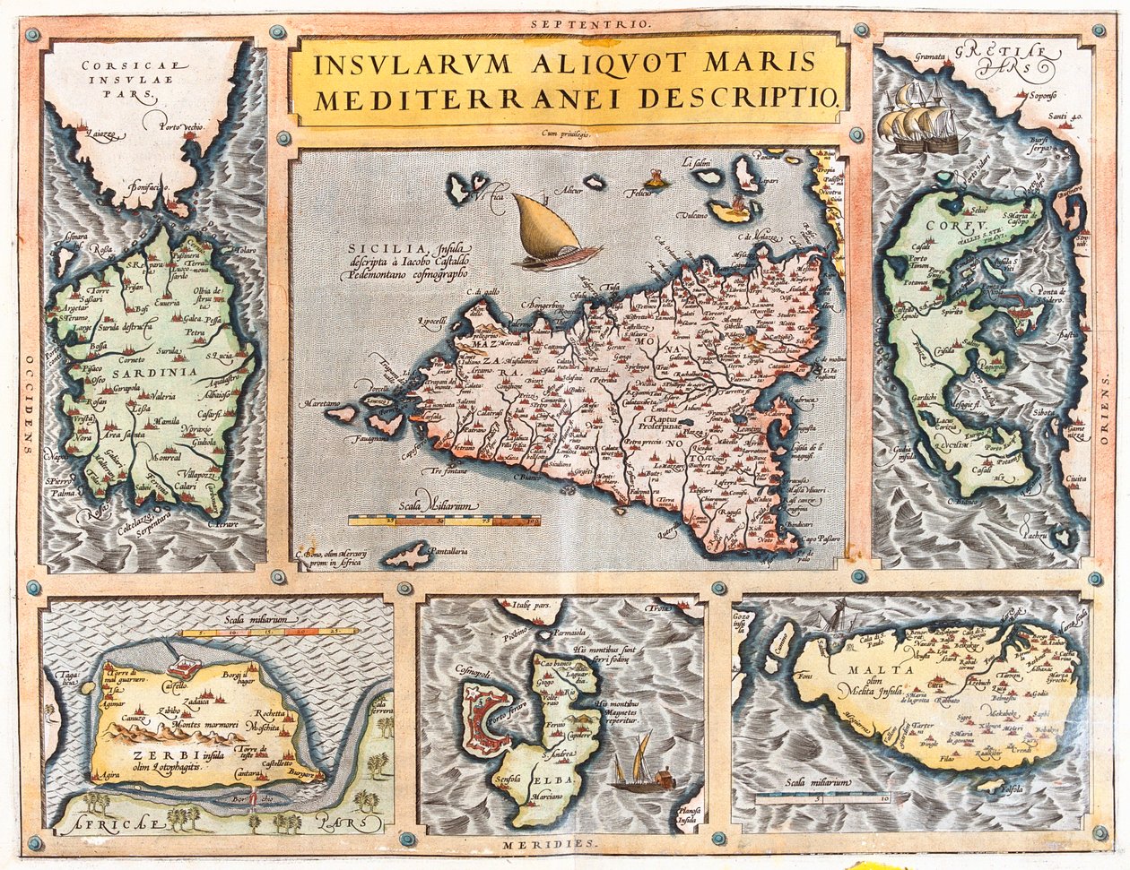 Sardinien, Sicilien, Korfu, Djerba, Elba, Malta, Italien, Grekland, Tunisien, Malta av Abraham Ortelius