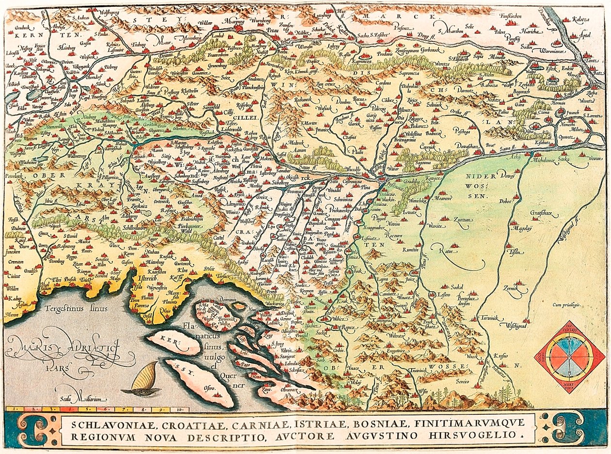Schlavoniae, Kroatien, Carniae, Istrien, Bosniae, Bordereum Regionum Nova Descriptio, Authore Augustino Hirsuogelio Geografisk karta över territorierna Slavonien, Kroatien, Bosnien och Dalmatien från "Theatrum Orbis Terrarum" av Abraham Ortelius av Abraham Ortelius