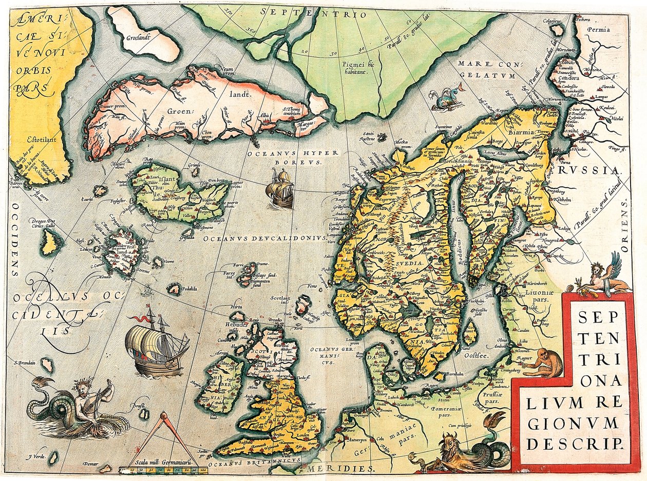 Beskriv. Geografikarta över Skandinavien och norra Europa från "Theatrum Orbis Terrarum" av Abraham Ortelius (Oertel, Ortell eller Ortel av Abraham Ortelius