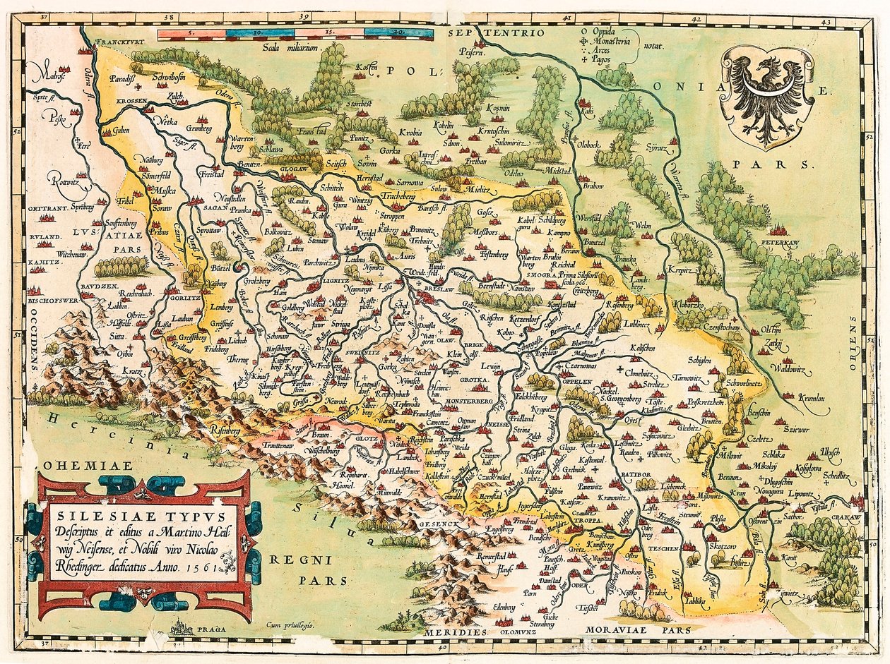 Schlesien Typ Beskrivning och beskrivning och redigerad av Martin Heilwid Neilsense och noble make Nicolas Rhedinger Anno 1561 Geografikarta över territoriet söder om Frankfurt i Tyskland nära Polen från "Theatrum Orbis Terrarum" av Abraham Ortelius ( av Abraham Ortelius
