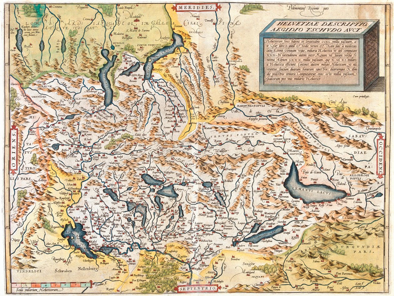Schweiz, Tyskland (delstat: Baden-Württemberg, Bayern), Österrike (delstat: Voralberg), Liechtenstein, Italien (region: Trentino-Alto Adige, Lombardiet, Piemonte, Aostadalen), Frankrike (region: Franche-Comté, Rhône-Alpes, Alsace), av Abraham Ortelius