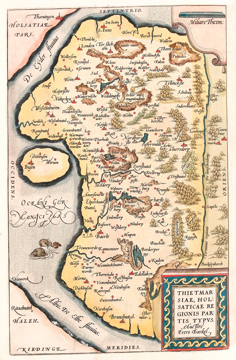 Thietmarsiae, Holsaticae regional parties typus Geografikarta över norra Tyskland med staden Kuden hämtad från "Theatrum Orbis Terrarum" av Abraham Ortelius (Oertel, Ortell eller Ortel). av Abraham Ortelius