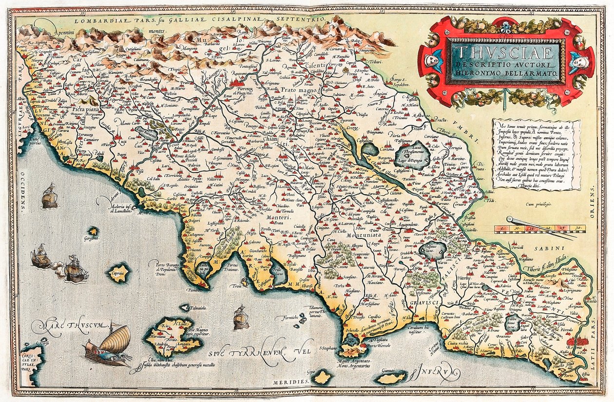 Thusciae Beskrivning av författaren Hieronymo Bellamarto Geografikarta över Toscanas territorium i Italien från "Theatrum Orbis Terrarum" av Abraham Ortelius (Oertel, Ortell eller Ortel av Abraham Ortelius