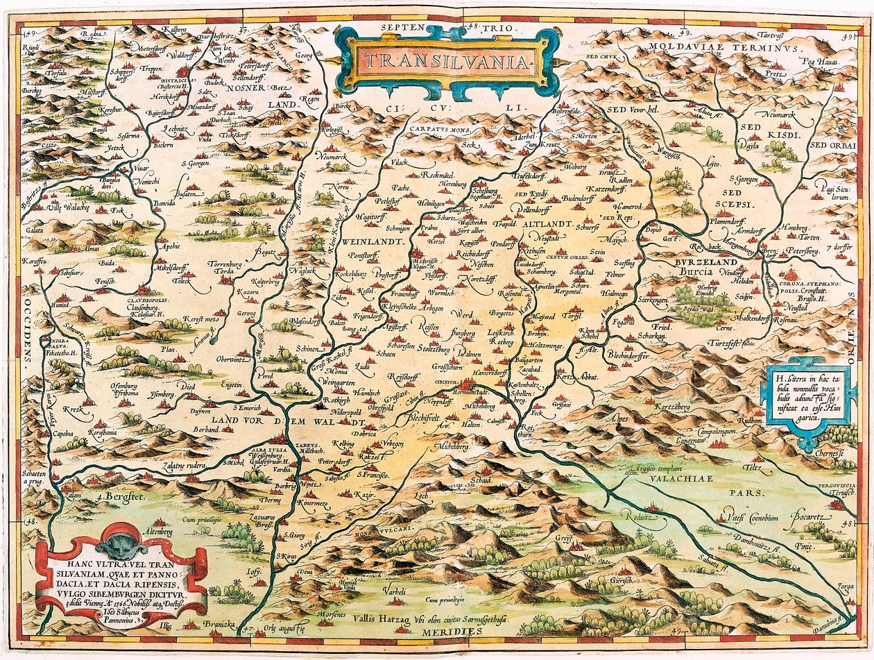 Transsylvanien Geografikarta över Transsylvaniens territorium (Transsylvanien) från "Theatrum Orbis Terrarum" av Abraham Ortelius (Oertel, Ortell eller Ortel av Abraham Ortelius