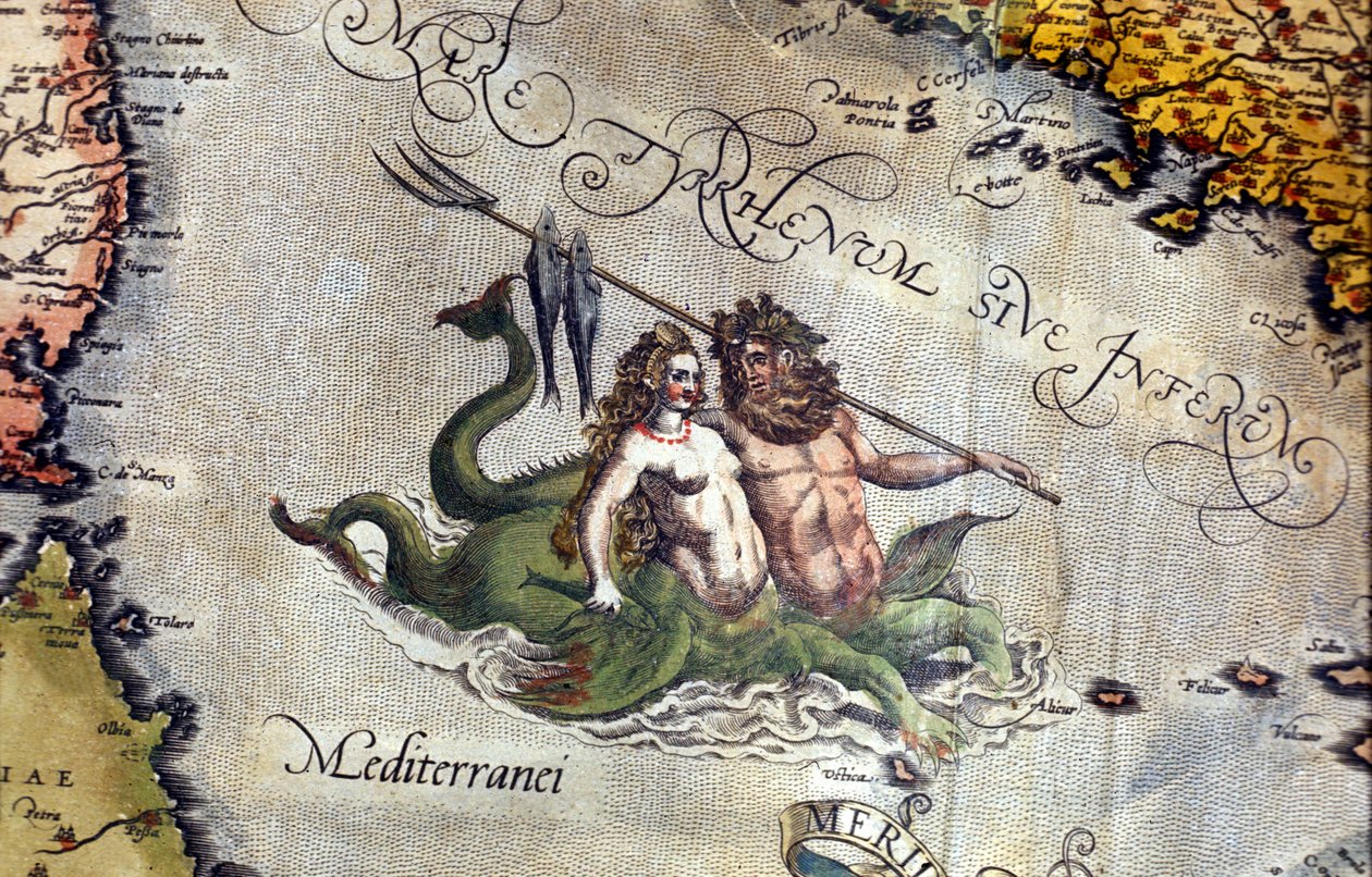 Triton och Siren i Medelhavet. "Theatrum Orbis Terrarum" av Abraham Ortelius, Antwerpen 1584 av Abraham Ortelius