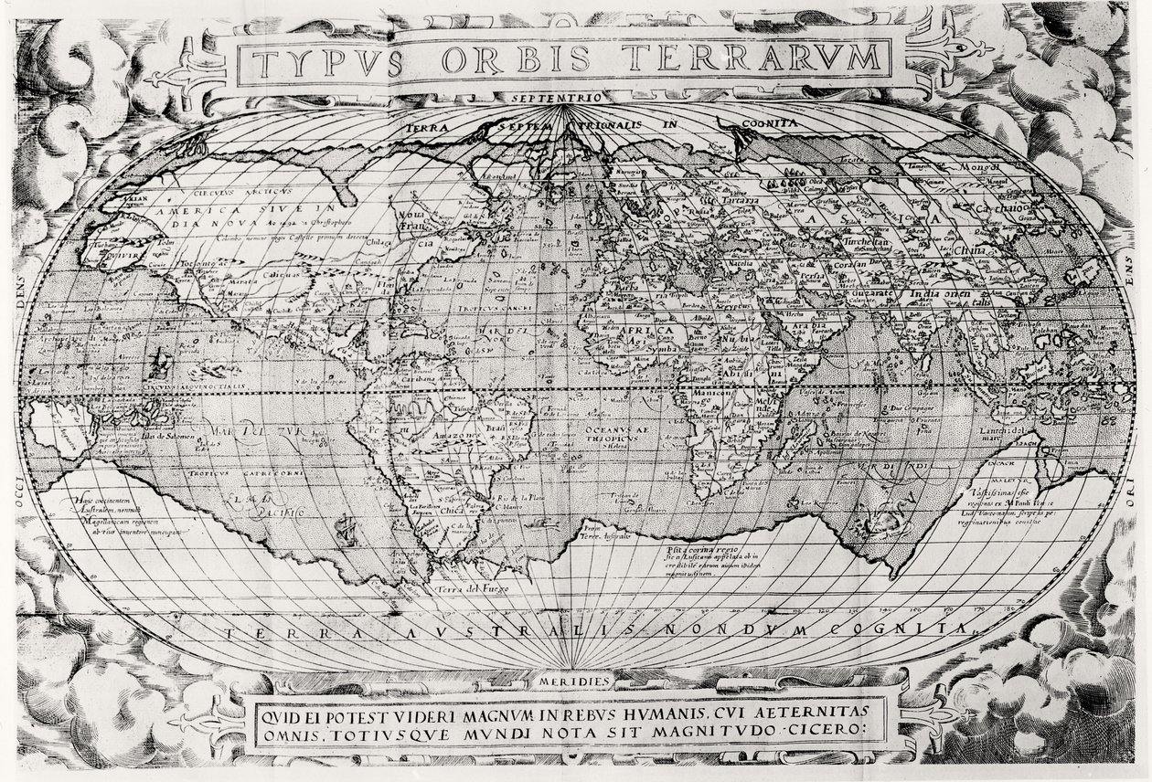 Världskarta, världskarta, 1577 av Abraham Ortelius