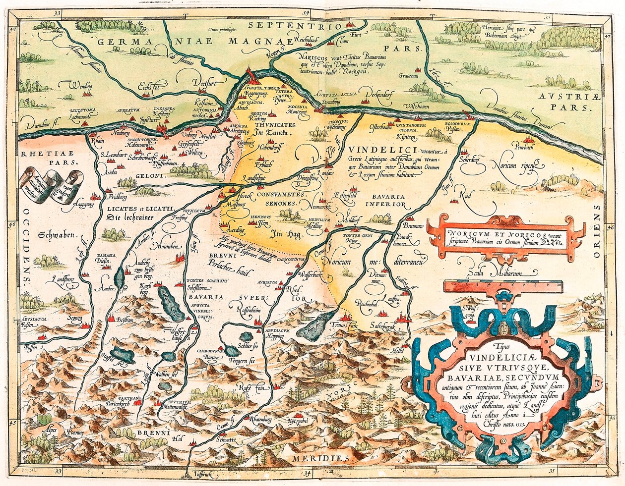 Typus Vindeliciae Ssive Båda Bayern: Enligt en forntida och modern plats beskriven av John Aventine... Geografikarta över territoriet Baviere i Tyskland från "Theatrum Orbis Terrarum" av Abraham Ortelius (Oertel, Ortell eller Ortel av Abraham Ortelius