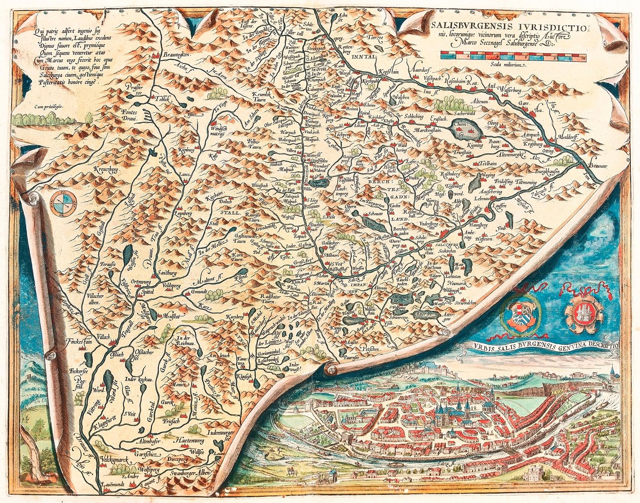 Äkta beskrivning av staden Salzburg Geografikarta över territoriet Salsburg i Österrike från "Theatrum Orbis Terrarum" av Abraham Ortelius (Oertel, Ortell eller Ortel av Abraham Ortelius