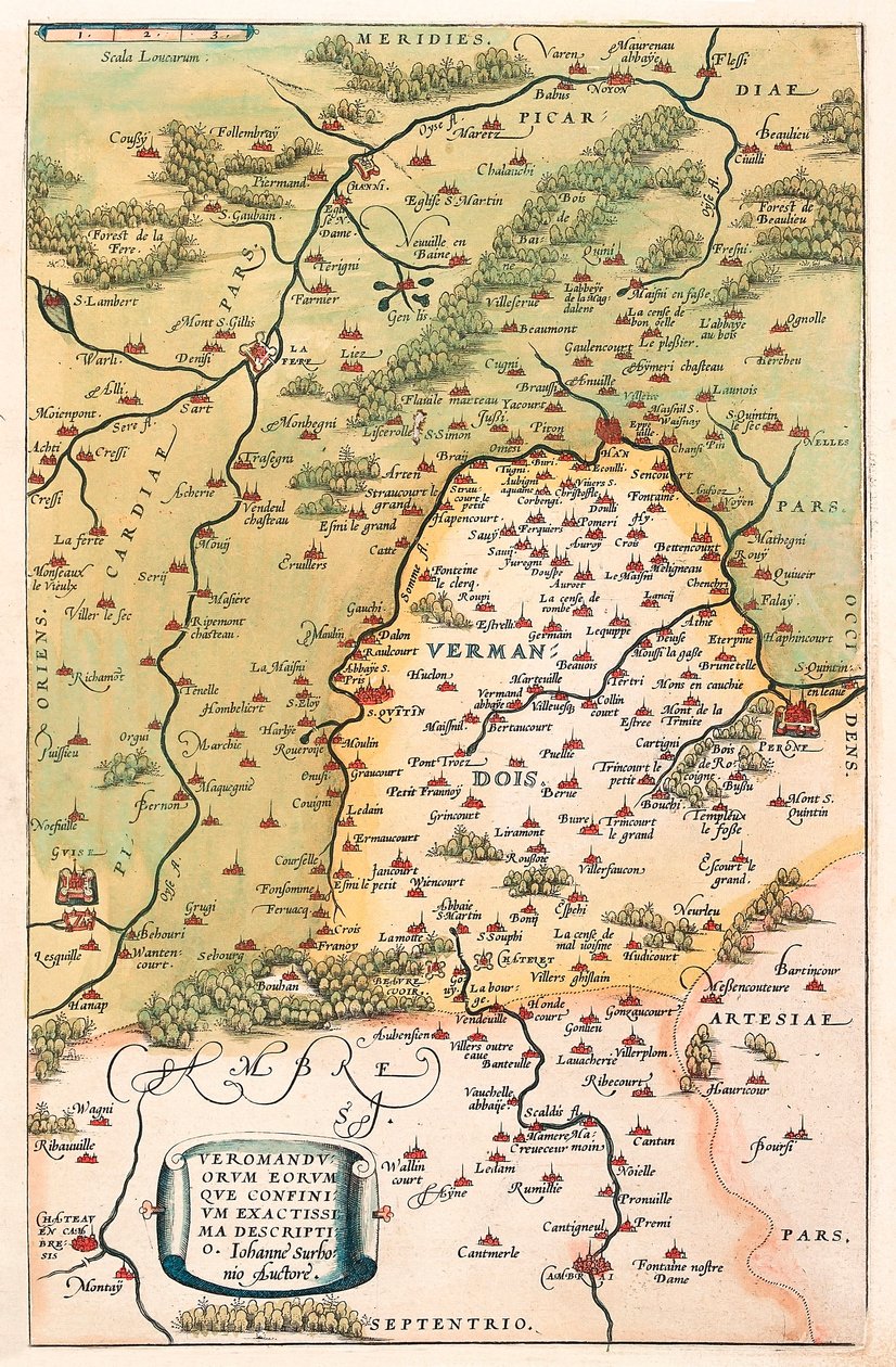 Beskriv geografikarta över territoriet Vermandois och Picardie i Gallien (Frankrike) från "Theatrum Orbis Terrarum" av Abraham Ortelius (Oertel, Ortell eller Ortel av Abraham Ortelius