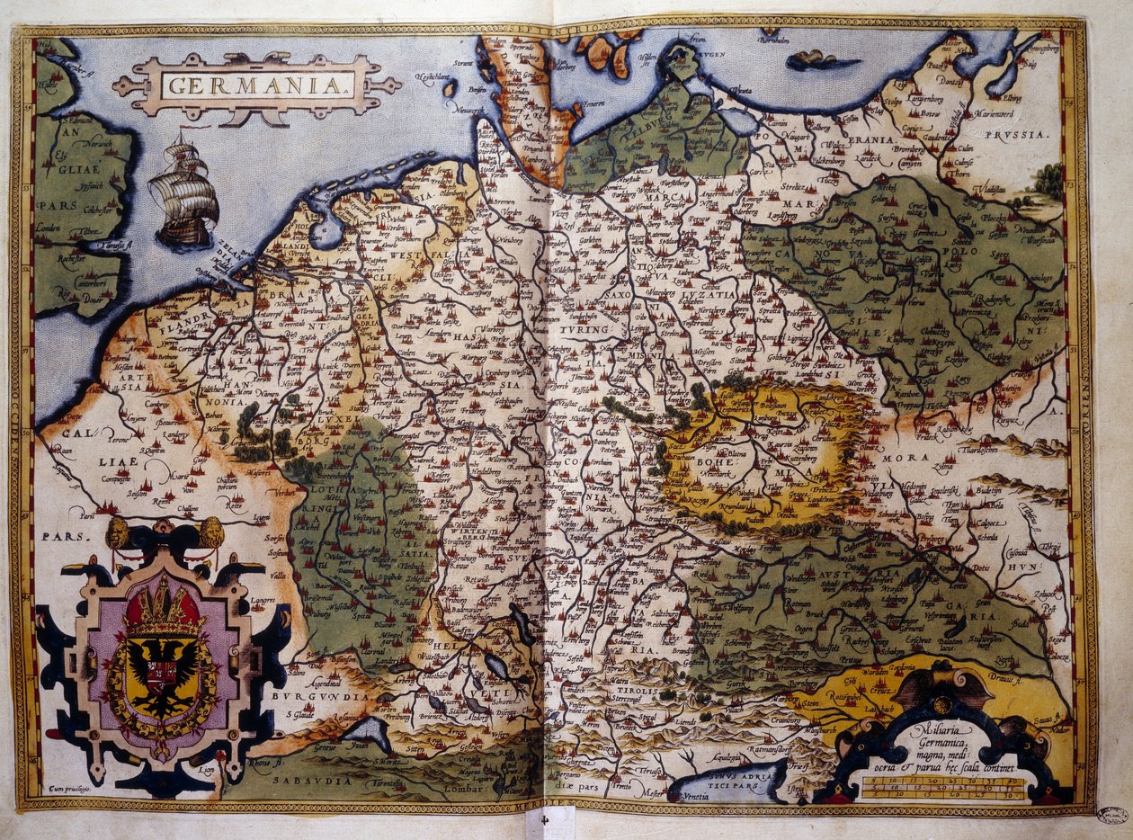 Utsikt över Preussen. Tallrik från en upplaga av "Theatrum Orbis Terrarum" av kartografen Abraham Ortelius (1527-1598) av Abraham Ortelius