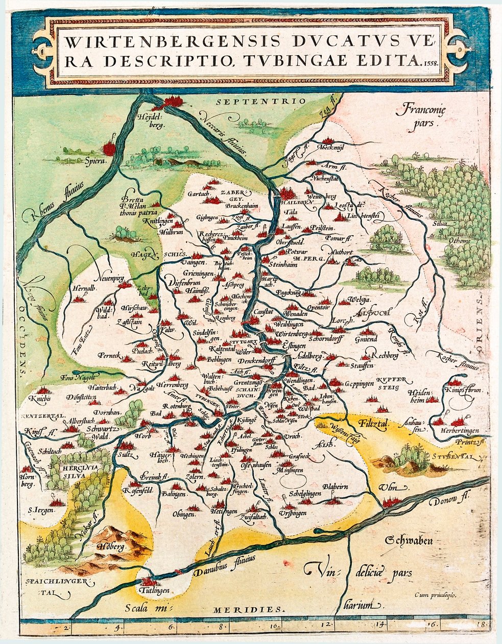 En sann beskrivning av Ducatus of Wirtenberg, Tubingae, publicerad 1558 Geografikarta över Baden-Wuerttemberg (Baden Wuerttemberg) territorium i Tyskland hämtad från "Theatrum Orbis Terrarum" av Abraham Ortelius (Oertel, Ortell eller Ortel) av Abraham Ortelius