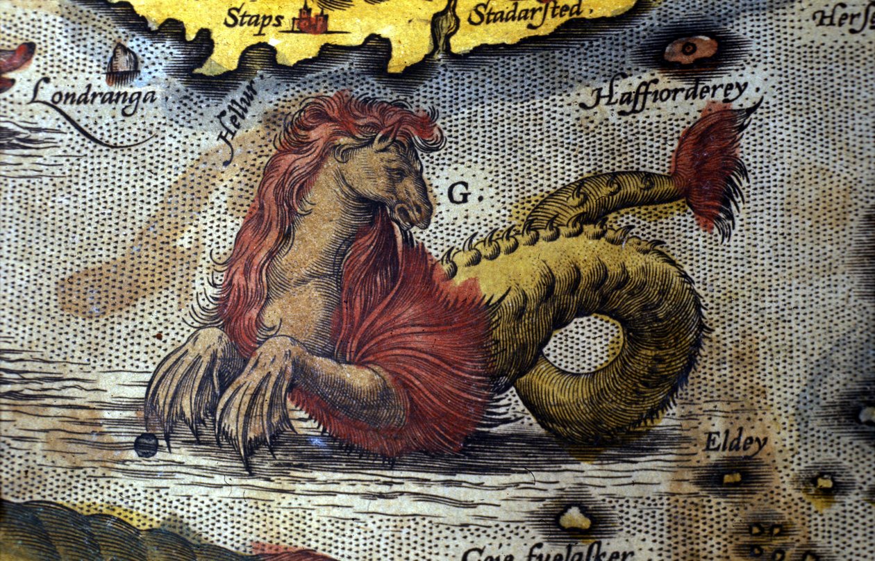 representation av ett marint monster min häst min havsorm. Tallrik från en upplaga av "Theatrum Orbis Terrarum" av kartografen Abraham Ortelius (1527-1598) av Abraham Ortelius