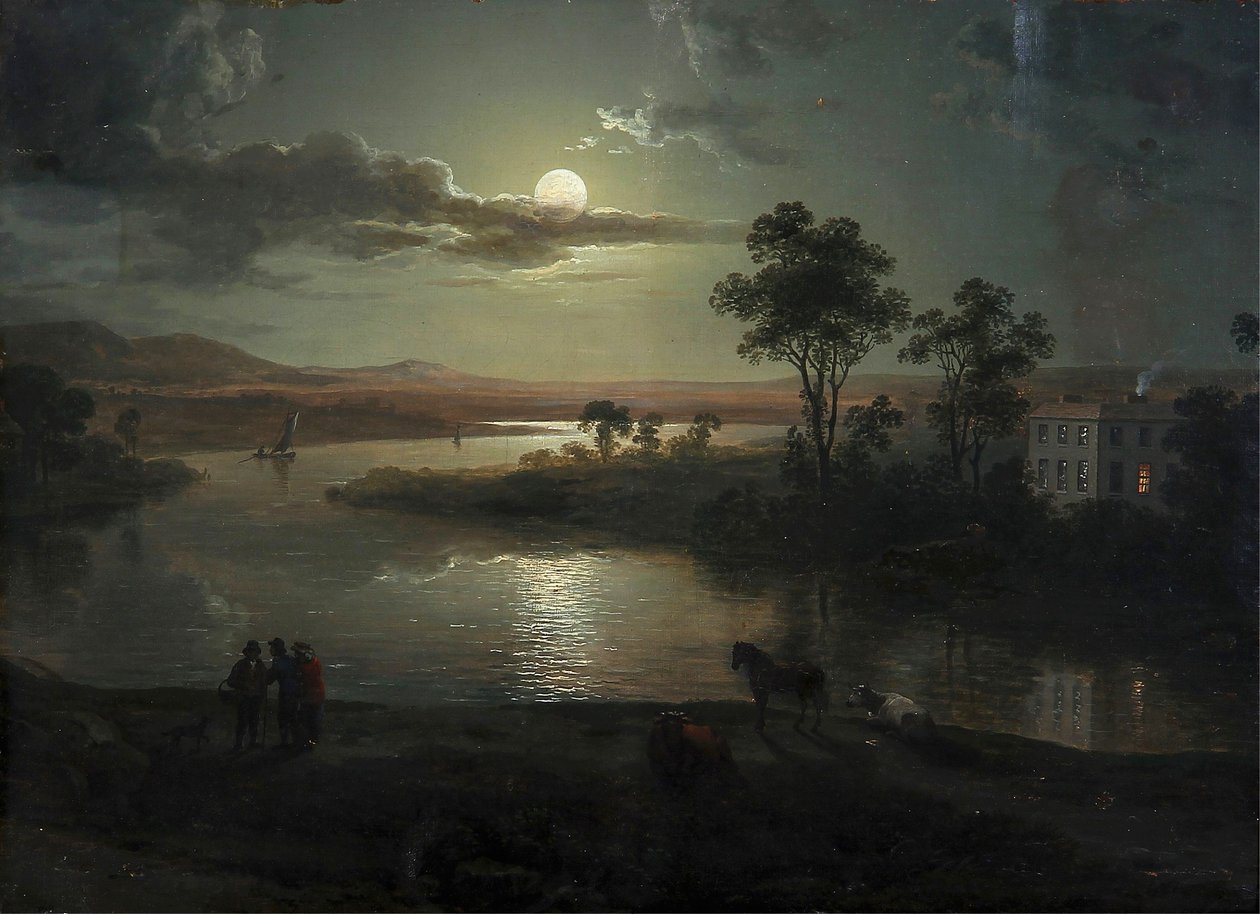 Kvällsscen med fullmåne och personer av Abraham Pether